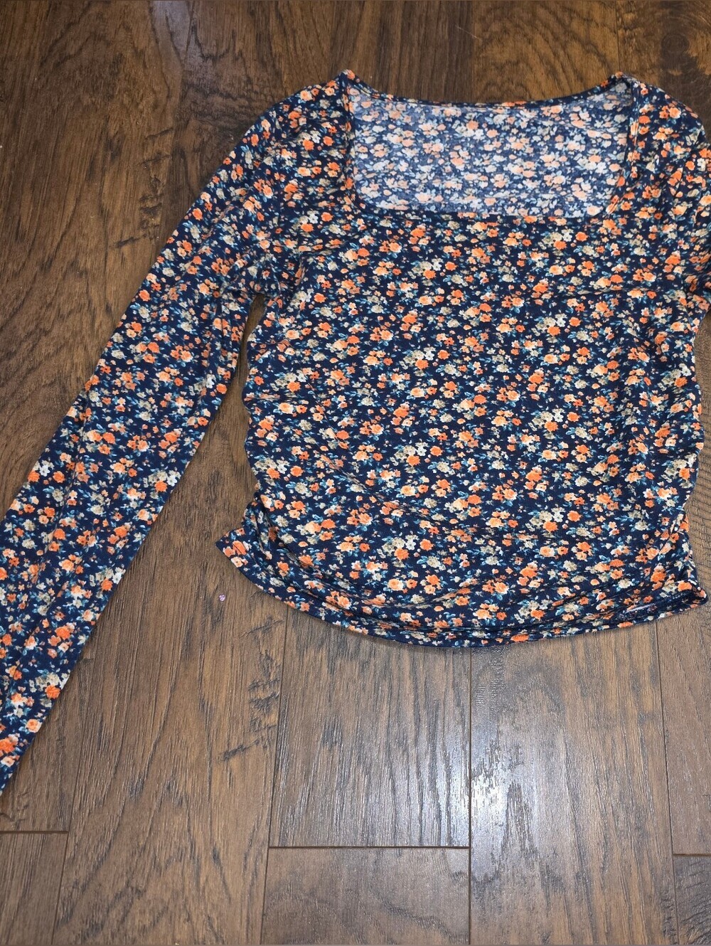 SHEIN Navy Blue Floral Long Sleeve Top with Orange and White Flowers